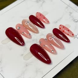 Móng Úp Đỏ Rượu Vang Mix Hồng Nude Đính Đá Nơ | Nail Box Handmade Thủ Công – Mellow Nailbox 3
