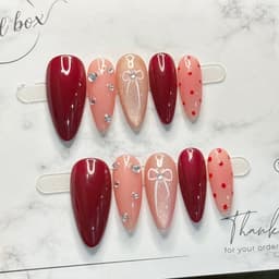 Móng Úp Đỏ Rượu Vang Mix Hồng Nude Đính Đá Nơ | Nail Box Handmade Thủ Công – Mellow Nailbox 2