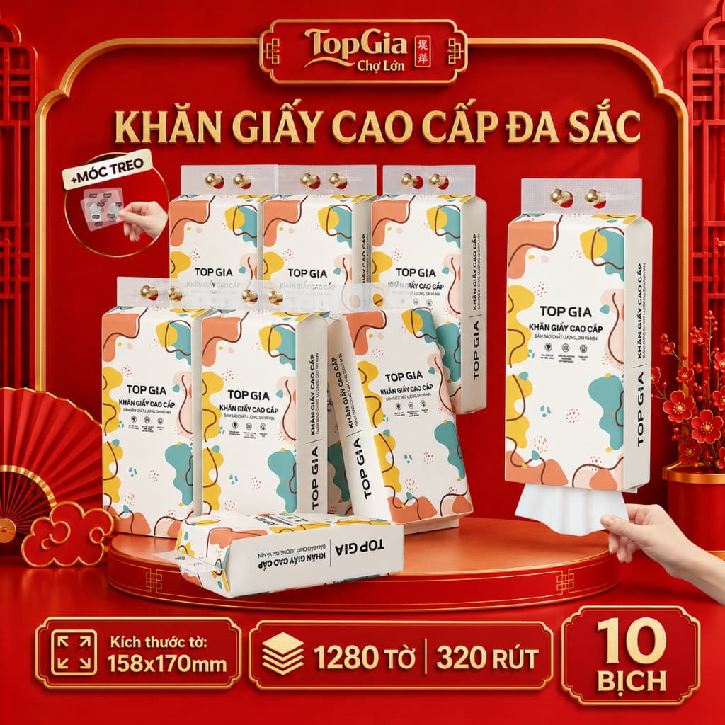 [Combo 10 Bịch - TẶNG MÓC] Khăn Giấy TopGia Treo Tường Rút Đáy Đa Sắc 1280 Tờ 4 Lớp Dày Mịn Tiện Lợi
