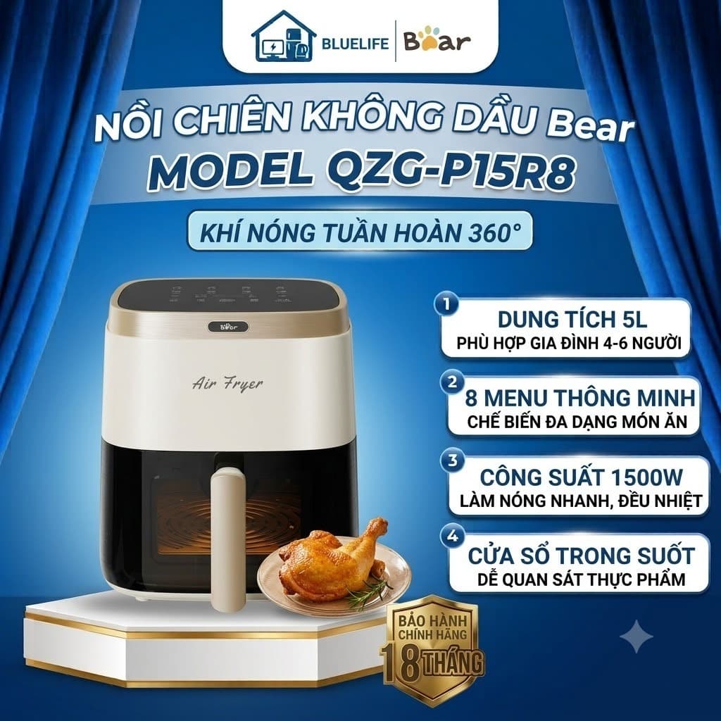 Nồi Chiên Không Dầu Bear QZG-P15R8 5L 1500W - Chiên Không Cần Lật, 8 Menu, Cửa Sổ Trong Suốt, 60-200°C