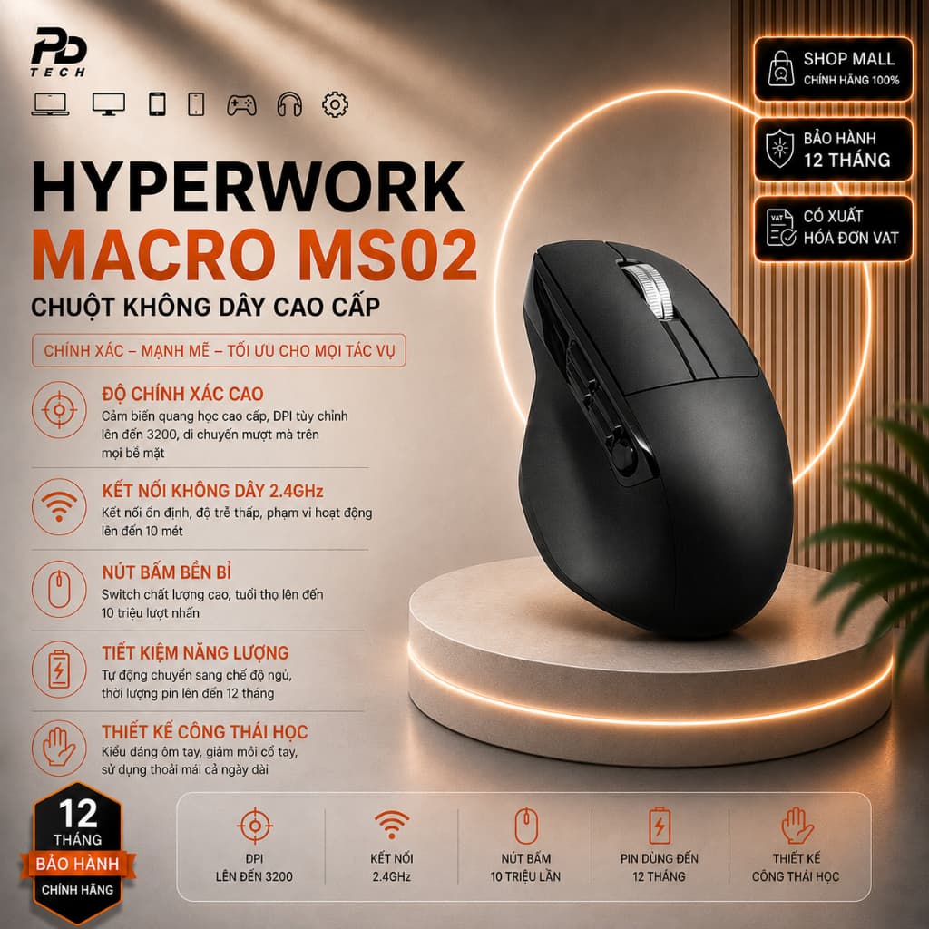 Chuột Không Dây HyperWork Macro MS02 Chính Hãng – Bluetooth & Wireless 2.4G, Pin Bền