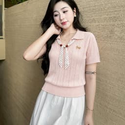 Áo Len Nữ Tay Ngắn Cổ Bẻ Phối Nơ Chấm Bi Dệt Kim Vintage Tiểu Thư Thanh Lịch Mùa Thu Evalover 5