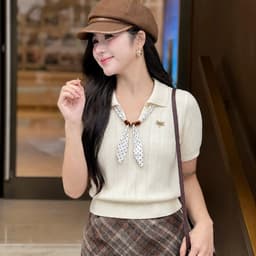 Áo Len Nữ Tay Ngắn Cổ Bẻ Phối Nơ Chấm Bi Dệt Kim Vintage Tiểu Thư Thanh Lịch Mùa Thu Evalover 3