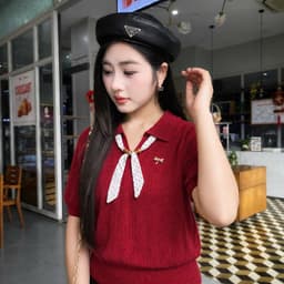 Áo Len Nữ Tay Ngắn Cổ Bẻ Phối Nơ Chấm Bi Dệt Kim Vintage Tiểu Thư Thanh Lịch Mùa Thu Evalover 4