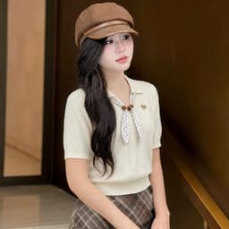 Áo Len Nữ Tay Ngắn Cổ Bẻ Phối Nơ Chấm Bi Dệt Kim Vintage Tiểu Thư Thanh Lịch Mùa Thu Evalover 2