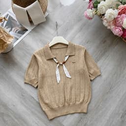 Áo Len Nữ Tay Ngắn Cổ Bẻ Phối Nơ Chấm Bi Dệt Kim Vintage Tiểu Thư Thanh Lịch Mùa Thu Evalover 8