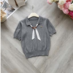 Áo Len Nữ Tay Ngắn Cổ Bẻ Phối Nơ Chấm Bi Dệt Kim Vintage Tiểu Thư Thanh Lịch Mùa Thu Evalover 6