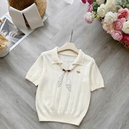Áo Len Nữ Tay Ngắn Cổ Bẻ Phối Nơ Chấm Bi Dệt Kim Vintage Tiểu Thư Thanh Lịch Mùa Thu Evalover 7