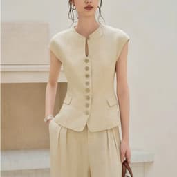 HB - Set Bộ Công Sở Nữ Vải Linen Áo Gile Cộc Tay Hàng Cúc Phối Quần Ống Rộng Cạp Cao Sang Chảnh S186 1