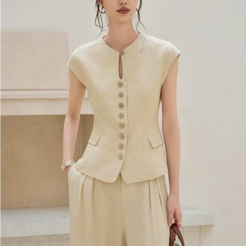 HB - Set Bộ Công Sở Nữ Vải Linen Áo Gile Cộc Tay Hàng Cúc Phối Quần Ống Rộng Cạp Cao Sang Chảnh S186