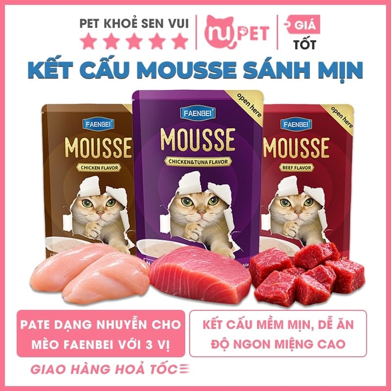 [3 Vị] Pate mèo dạng mousse FAENBEI gói 85g | Chất pate mousse sánh mịn, mềm, dễ tiêu hóa