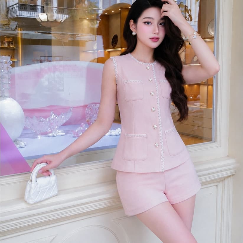 HB - Set Bộ Gile Nữ Sát Nách Màu Hồng Viền Ren Cúc Ngọc Kèm Quần Short Đùi Tiểu Thư Sang Chảnh S196