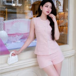 HB - Set Bộ Gile Nữ Sát Nách Màu Hồng Viền Ren Cúc Ngọc Kèm Quần Short Đùi Tiểu Thư Sang Chảnh S196 2
