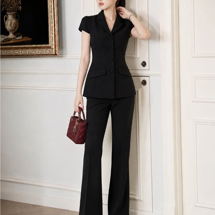 HB - Set Vest Nữ Cộc Tay Chiết Eo Kèm Quần Tây Ống Suông Bộ Suit Công Sở Cao Cấp Sang Chảnh S130