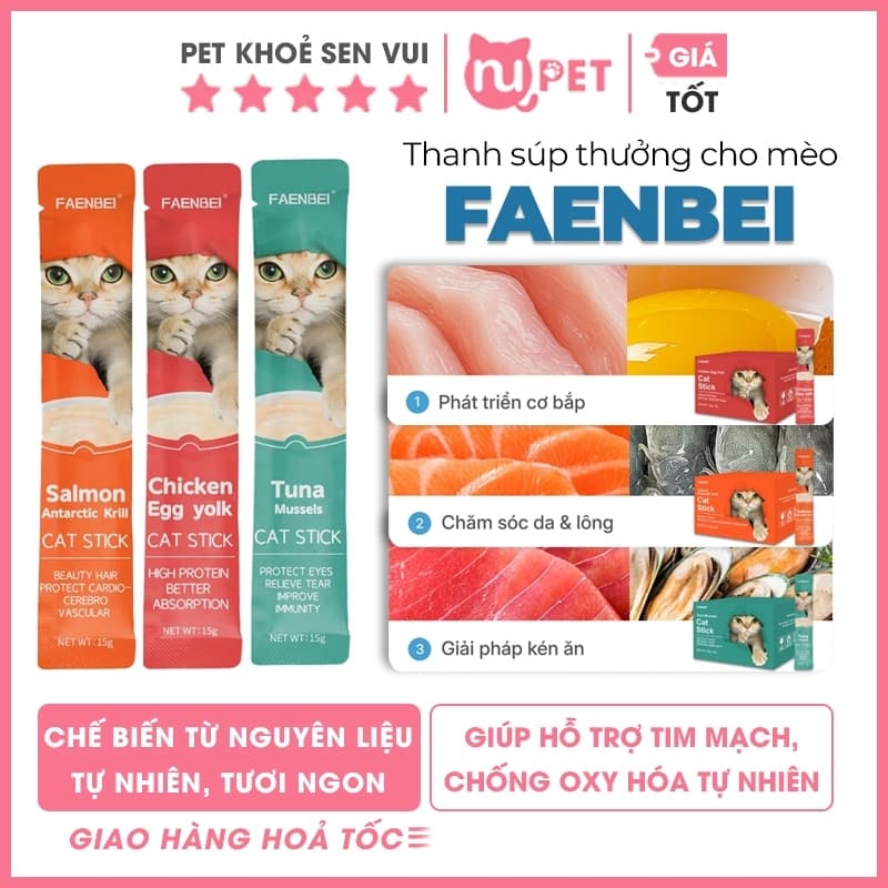|Hộp 30 thanh| Súp thưởng cho mèo FAENBEI 15g | Hàm lượng dinh dưỡng cao, chống oxyhóa, taurine