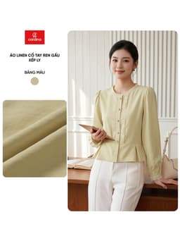 Áo sơ mi nữ CARDINA chất liệu linen dài tay cổ tròn phối ren xếp lý 6ASD03 1