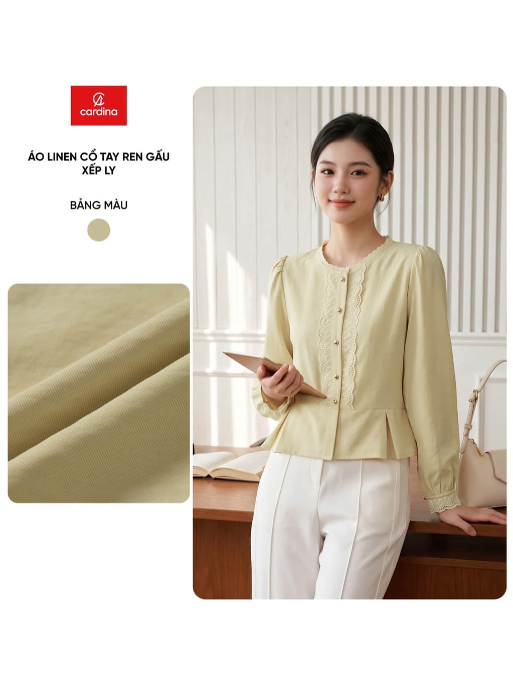 Áo sơ mi nữ CARDINA chất liệu linen dài tay cổ tròn phối ren xếp lý 6ASD03