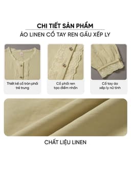 Áo sơ mi nữ CARDINA chất liệu linen dài tay cổ tròn phối ren xếp lý 6ASD03 3