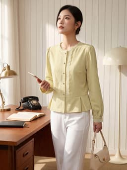 Áo sơ mi nữ CARDINA chất liệu linen dài tay cổ tròn phối ren xếp lý 6ASD03 7