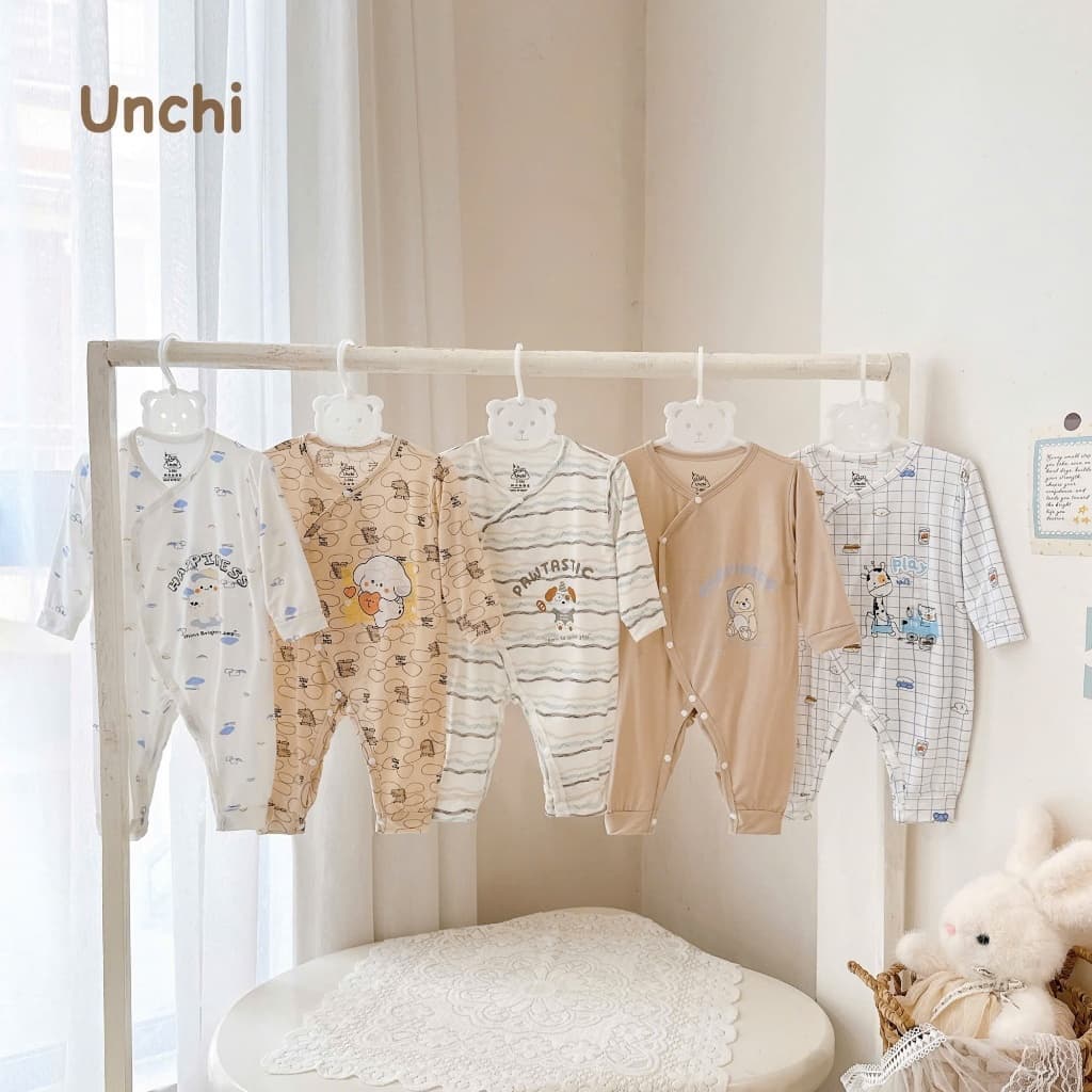BDY2. Bodysuit Sơ Sinh Unchi Vạt áo 2 Lớp Kín Bụng Bé, Vải Bamboo Mềm Mịn Cho Bé 3-9kg