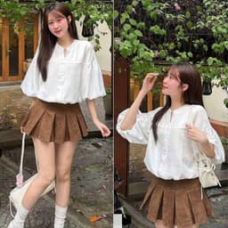 Áo babydoll, áo sơ mi kiểu nữ cổ V cúc dọc tay bồng phong cách hàn quốc 2