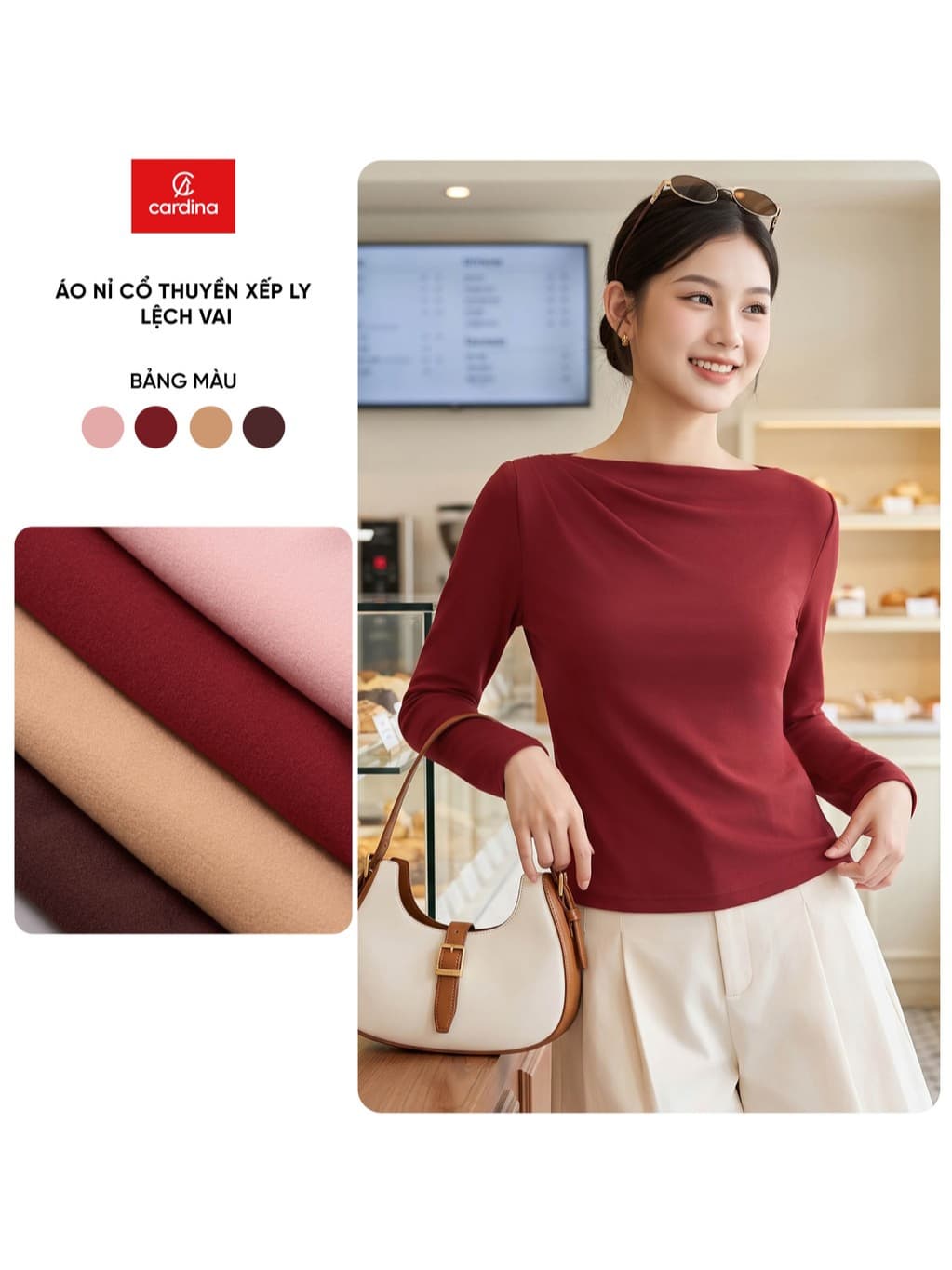 Áo nỉ  nữ CARDINA cổ thuyền xếp ly lệch vai 6AKD12