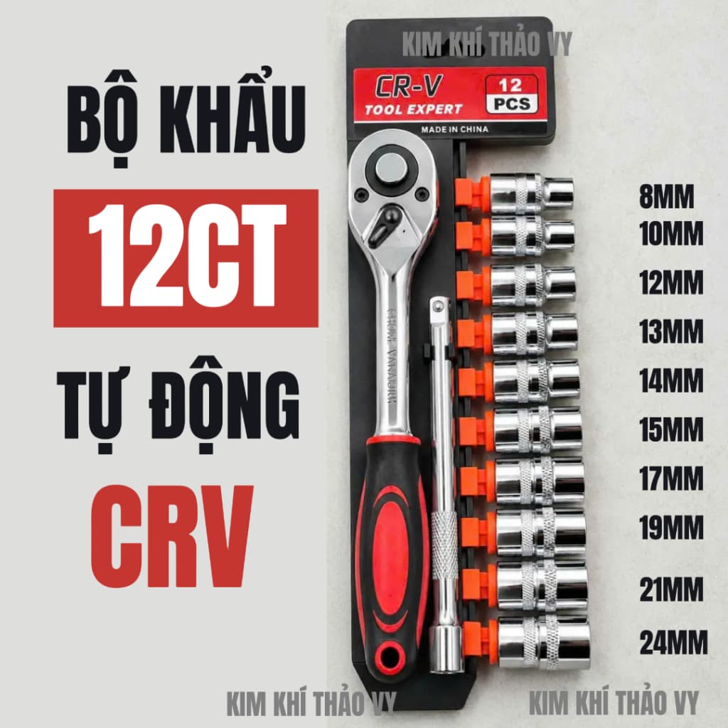 Bộ dụng cụ sửa chữa 12 chi tiết Tự động, thép CR-V, tay cầm cao su chống trượt.