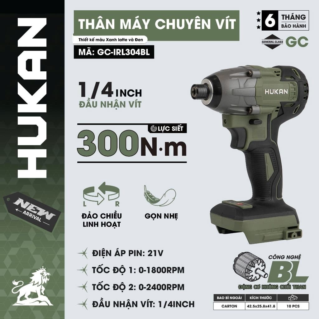 Máy chuyên vít có búa HUKAN GC-IRL304BL, Bắn vít lực 300Nm, Không chổi than, Chân phổ thông