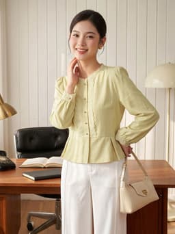 Áo sơ mi nữ CARDINA chất liệu linen dài tay cổ tròn phối ren xếp lý 6ASD03 8