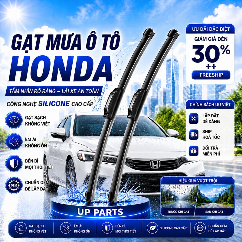 Bộ Gạt Mưa Ô Tô H0NDA Civic, CRV, City, HRV, Accord, BRV, Brio, Jazz - COMBO 2 GẠT Xương Mềm Cao Cấp UP PARTS