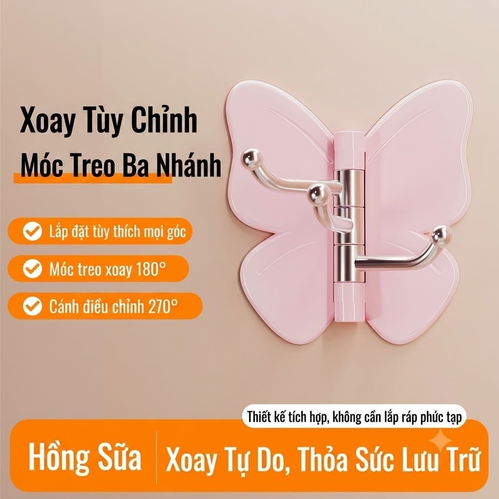 Móc Treo Đồ Dán Tường Hình Bướm 3 Nhánh Xoay 180 Độ (Đa Năng, Chịu Lực Tốt)