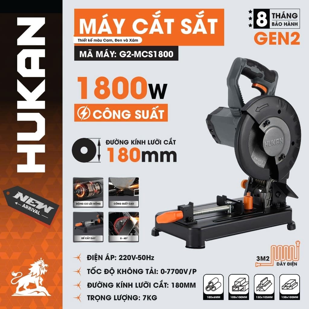 Máy Cắt Sắt Bàn HUKAN G2-MCS1800 1800w, Cắt Góc 0~45 Độ - Đường Kính Lưỡi 180mm - Động Cơ Đồng