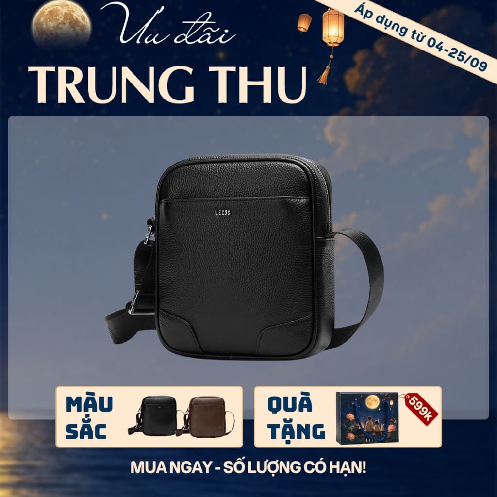 [4-25/9 TẶNG QUÀ TRUNG THU 599K] Túi đeo chéo nam LECOS LT2 da bò thật nhỏ gọn tiện lợi mang hằng ngày