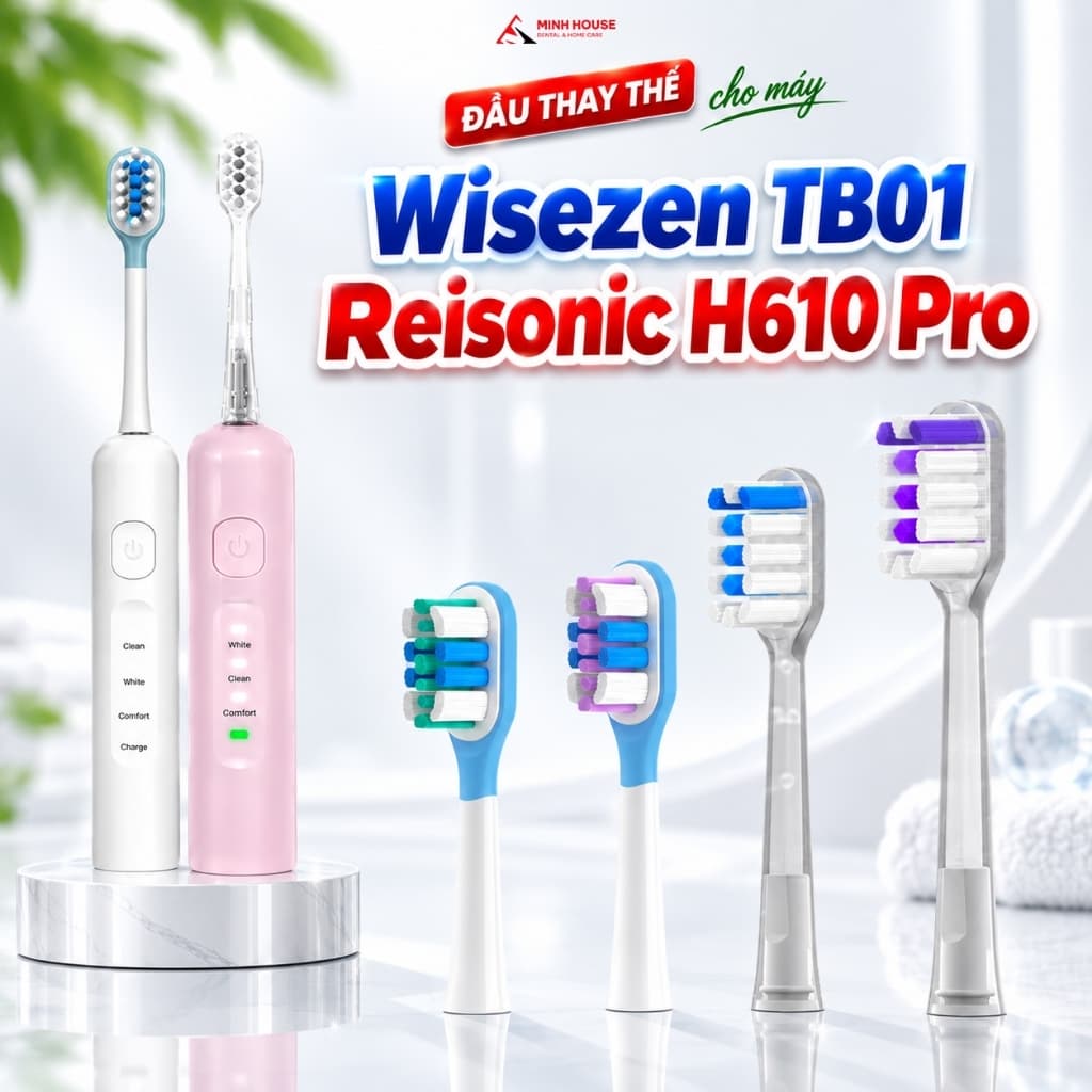 Set 2 đầu thay thế cho đầu bàn chải điện Wisezen TB01 REISONIC H610 Pro Minh House làm sạch răng