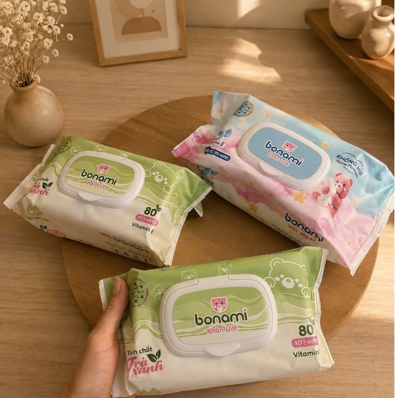Khăn Ướt Bonami Dịu Nhẹ Không Mùi và Hương Trà Xanh 80 tờ/100 tờ