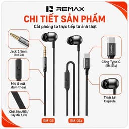 Tai nghe cắm dây Remax RM-03 Cổng 3.5/ RM-03a Type-c. LMS 2