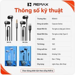 Tai nghe cắm dây Remax RM-03 Cổng 3.5/ RM-03a Type-c. LMS 4