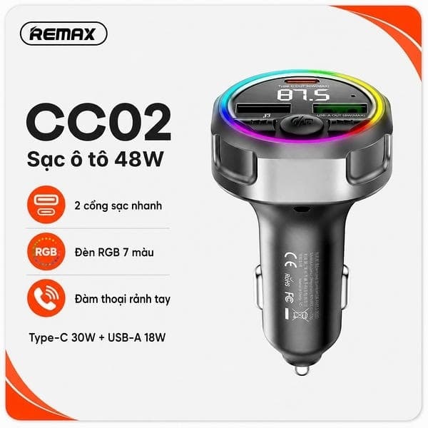 Cốc/ Củ sạc xe ô tô Bluetooth 48W Remax CC02 và 30W Xe Ô TÔ Remax RCC359 Có Quai Xách