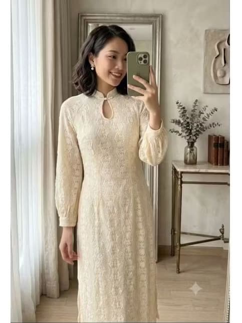 [HÀNG THANH LÝ] Đầm len móc dáng sườn xám si màu kem secondhand