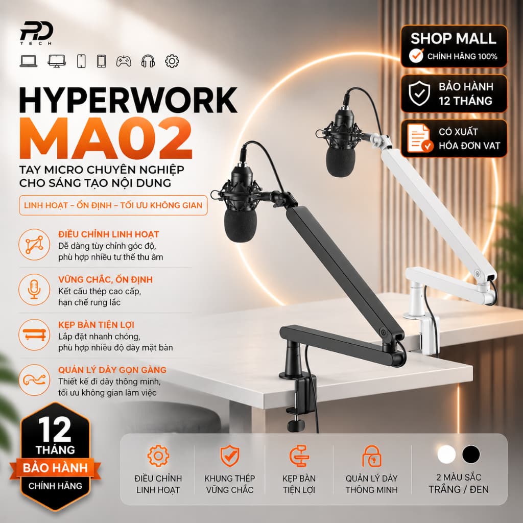 Giá Đỡ Microphone HyperWork MA02 Arm Mic Studio Tải Trọng 2.3kg Vươn Xa 622mm Có Cột Nâng Giấu Dây