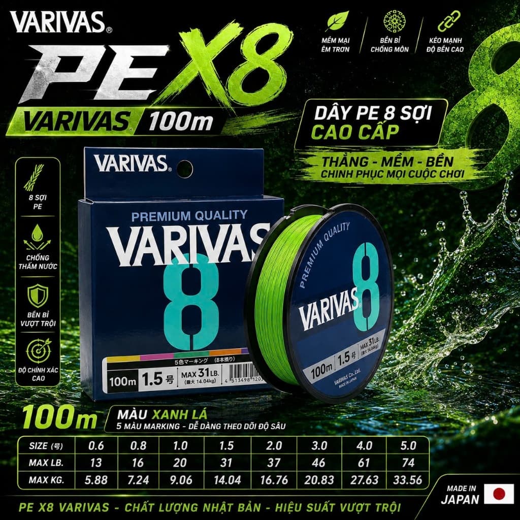 Dù PE X8 Varivas 100M Tải Cá Lên Tới 25kg Cho Anh Em Tay To Câu Lure.