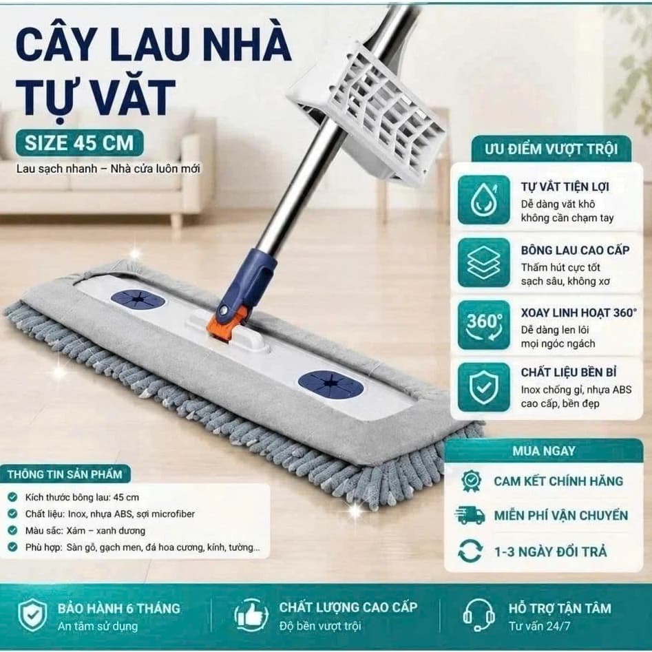 (1 Chổi + 2 Bông Lau) Cây Lau Nhà San Hô 45x12CM Xoay 360 Độ Tặng Kèm 2 Miếng Lau San Hô....