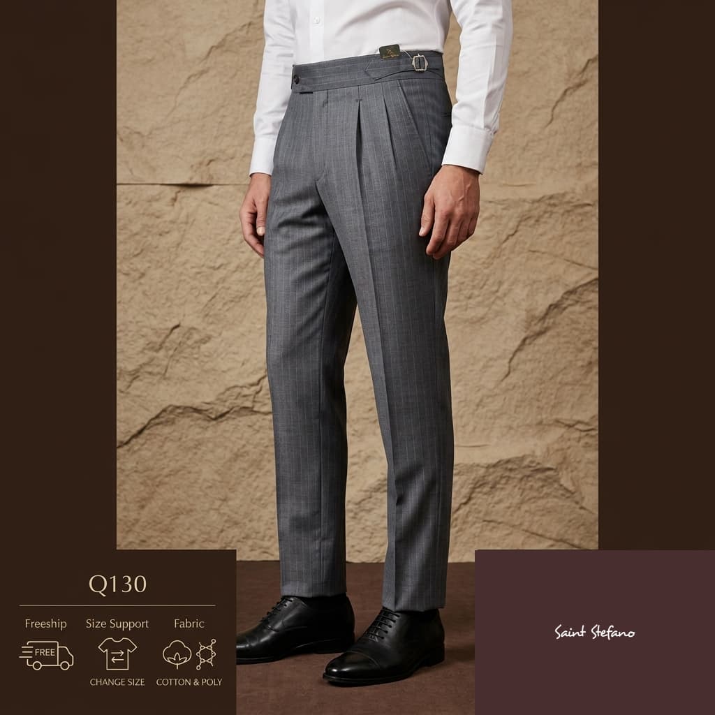 Quần Kẻ Sọc Q130 SideTap Cạp Điều Chỉnh Ghi Ánh Xanh Cotton Poly Thoáng Mát