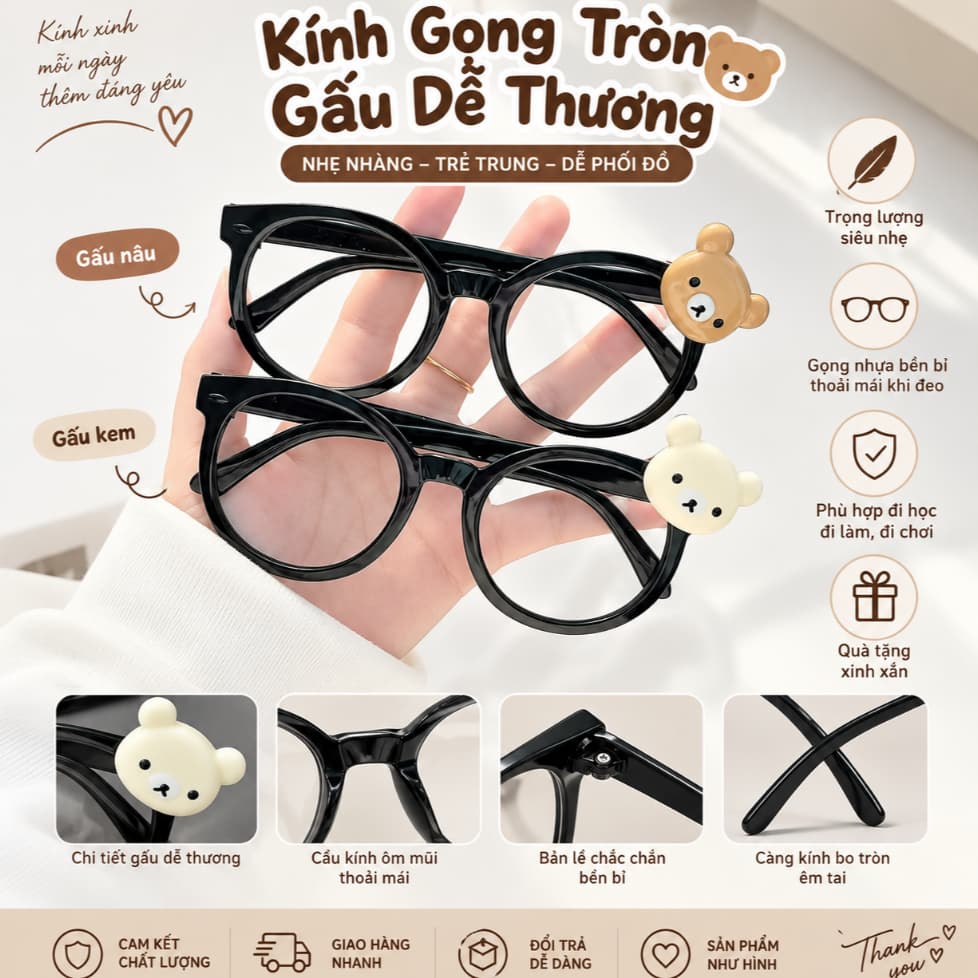 Kính Gọng Tròn Gấu Dễ Thương Kính Thời Trang Nữ Nam Unisex Phong Cách Hàn Quốc Cute Cá Tính ponny