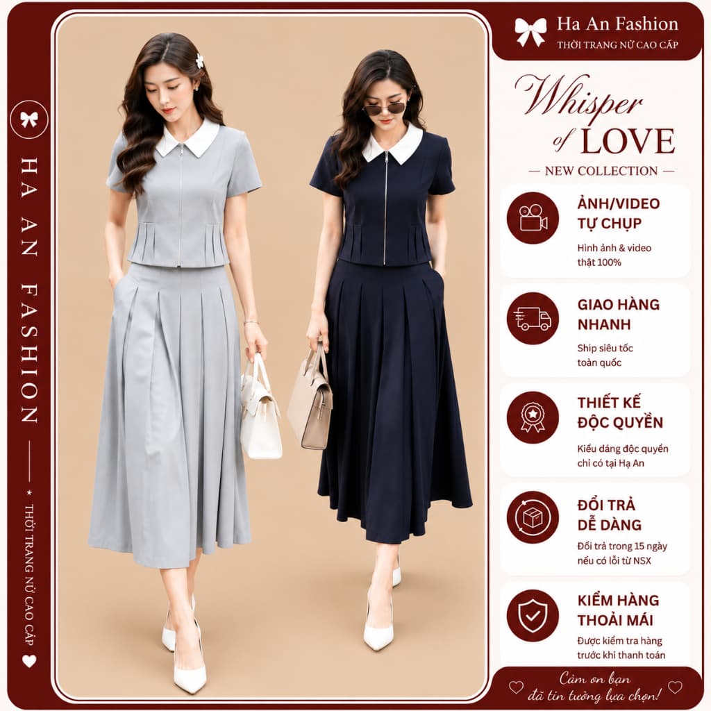260601+260702 Set Áo Cổ Sen Phối Chân Váy Xếp Ly Thanh Lịch Nữ – Set Đồ Công Sở Dáng Xòe