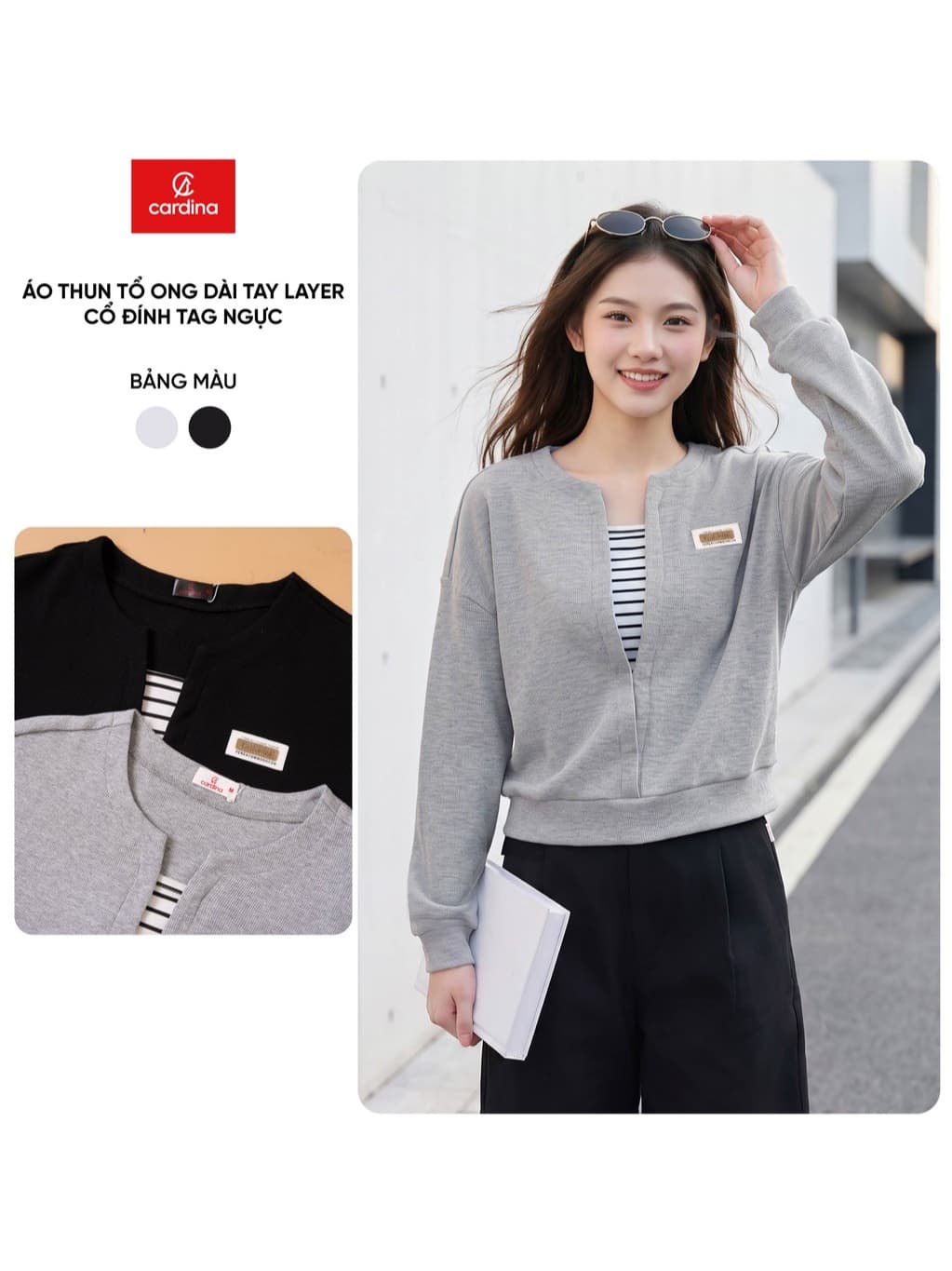 Áo thun nữ CARDINA dài tay chất liệu thun tổ ong dài tay layer cổ và đính tag ngực 6ANF02