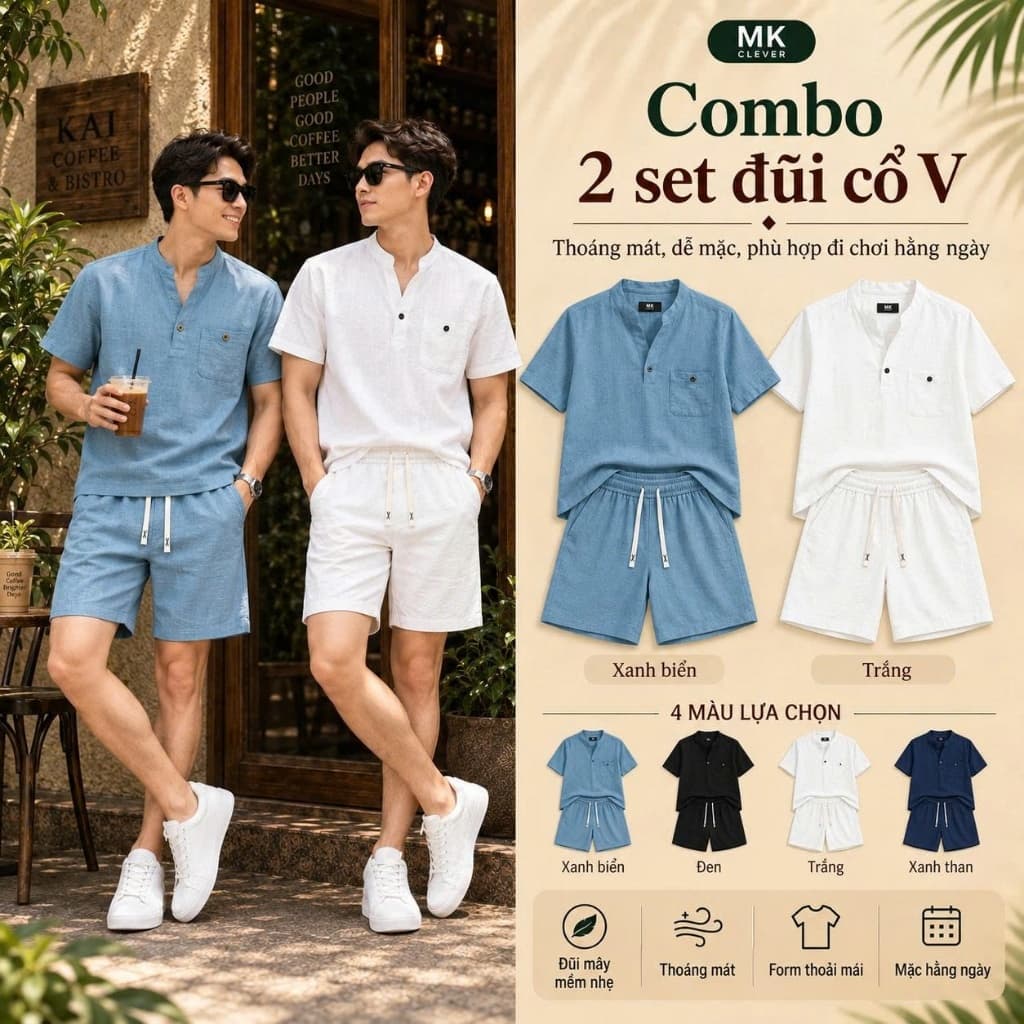 Combo 2 Set Bộ Đũi cổ V Nam MKCLEVER Cạp Chun Co Giãn, Thoáng Mát, Vận Động Thoải Mái