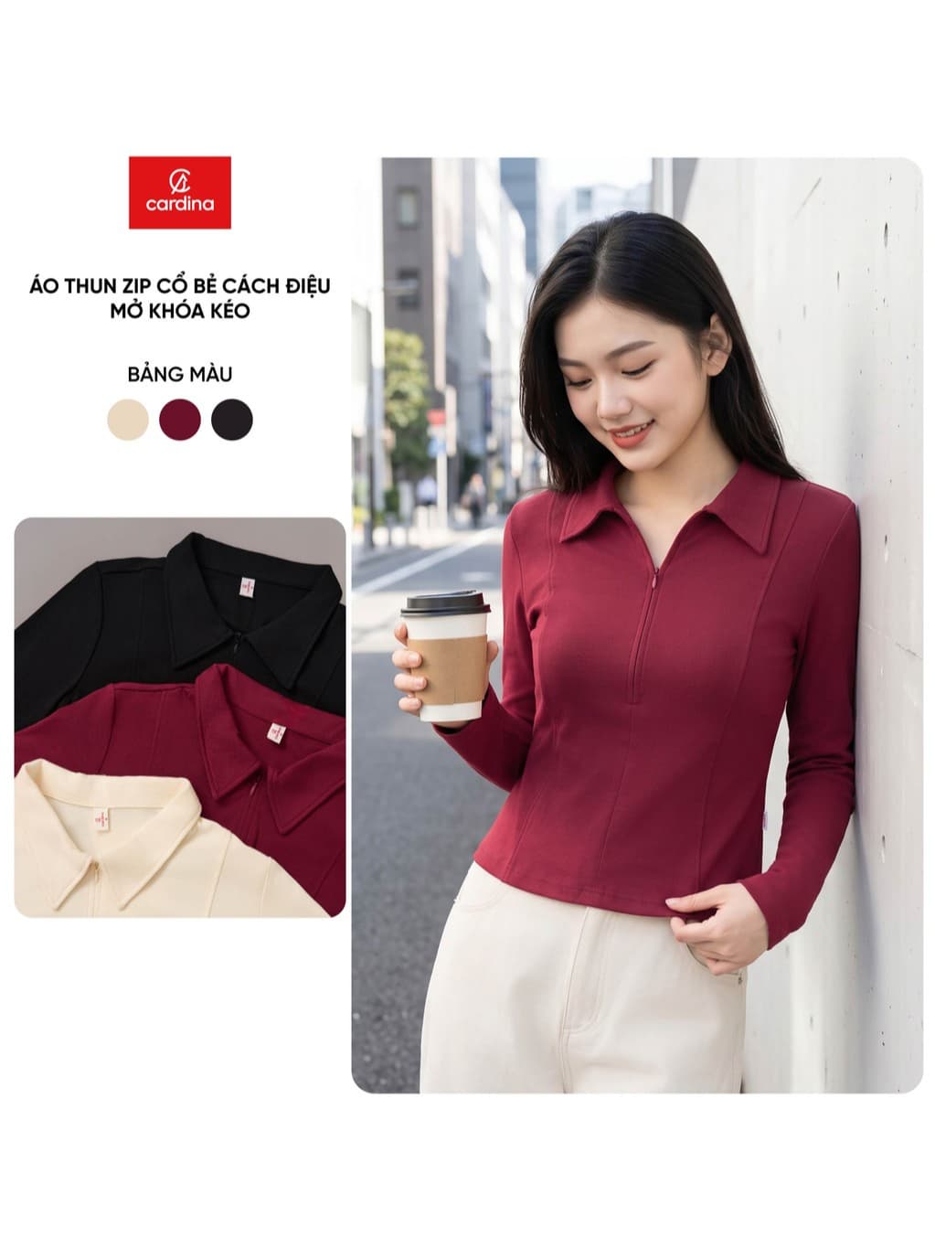 Áo thun nữ CARDINA chất liệu thun zip cổ bẻ cách điệu mở khóa kéo 6AKD04