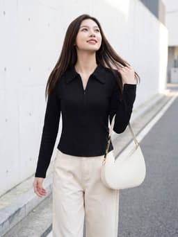 Áo thun nữ CARDINA chất liệu thun zip cổ bẻ cách điệu mở khóa kéo 6AKD04 6