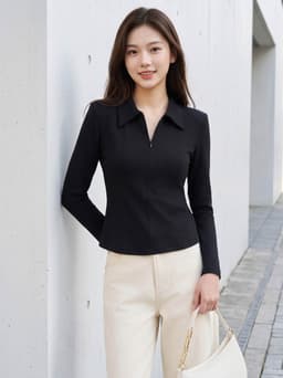Áo thun nữ CARDINA chất liệu thun zip cổ bẻ cách điệu mở khóa kéo 6AKD04 7